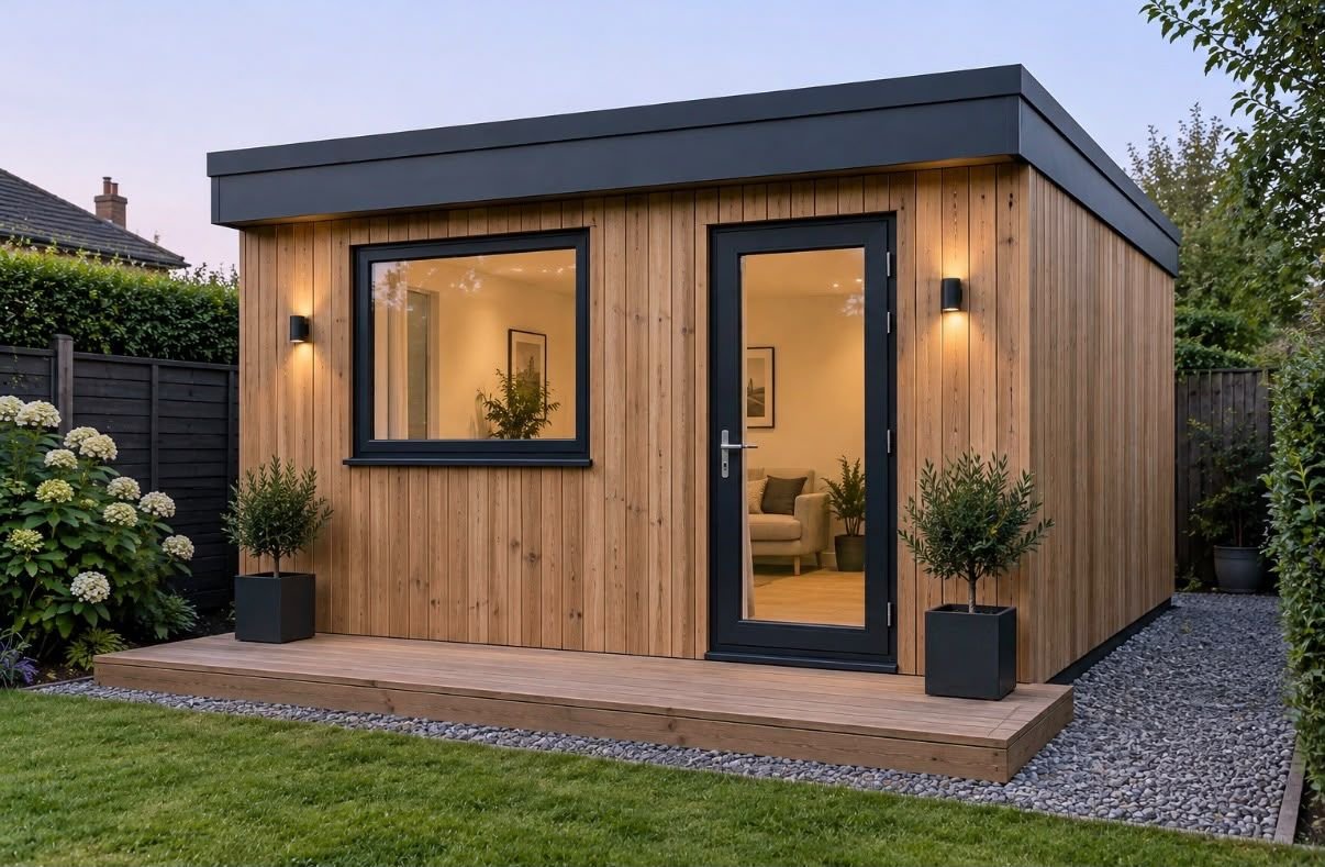 Garden office clad in vertical timber with a glazed door and window, on a deck edged with gravel