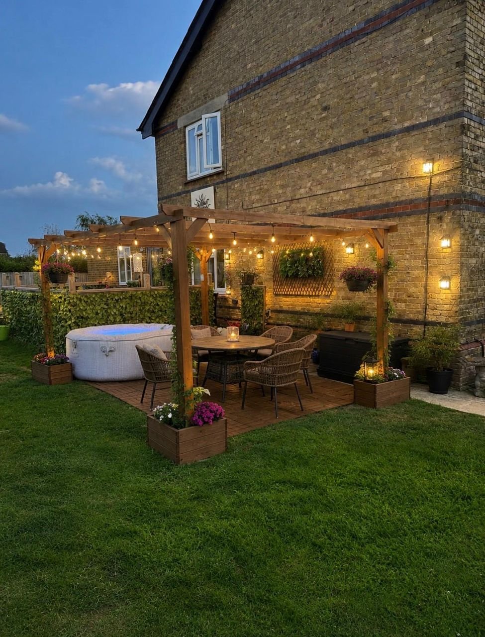 Timber pergola over a decked dining area with festoon lighting and a hot tub beside a brick house