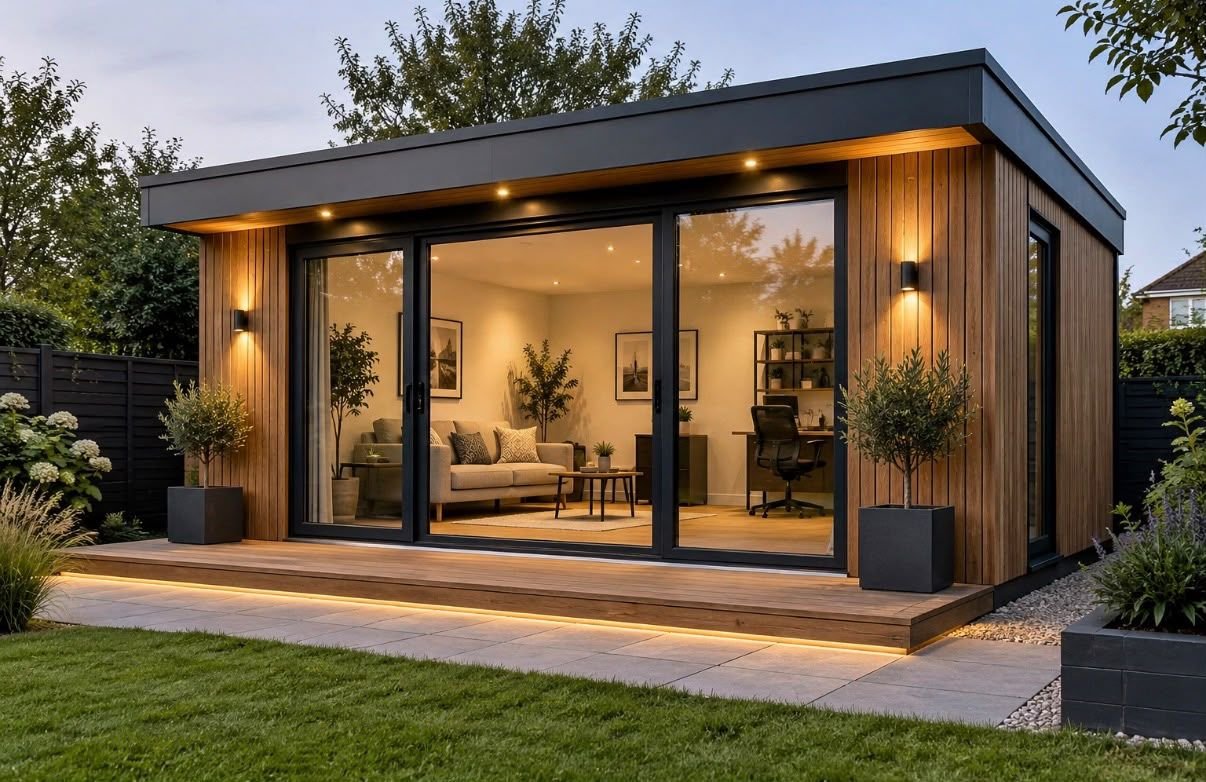 Timber-clad garden room with wide sliding glass doors, a flat roof with downlights and a raised deck