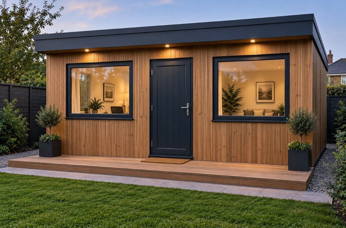 Timber-clad garden room with a dark door between two windows, on a deck at the end of a lawn