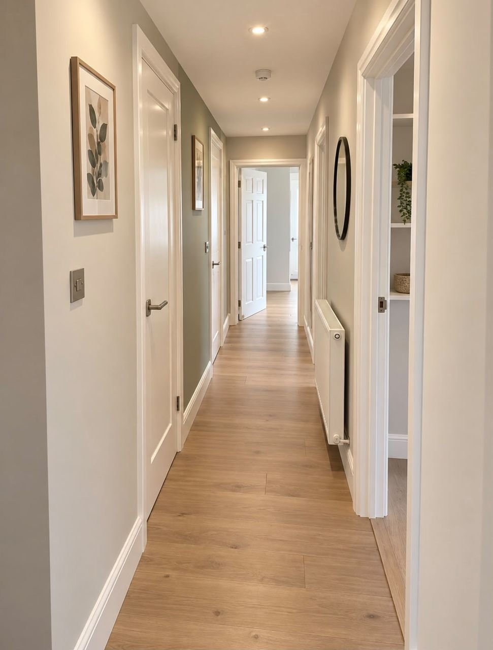 Long corridor with wood-effect flooring, white doors and skirting, and a radiator