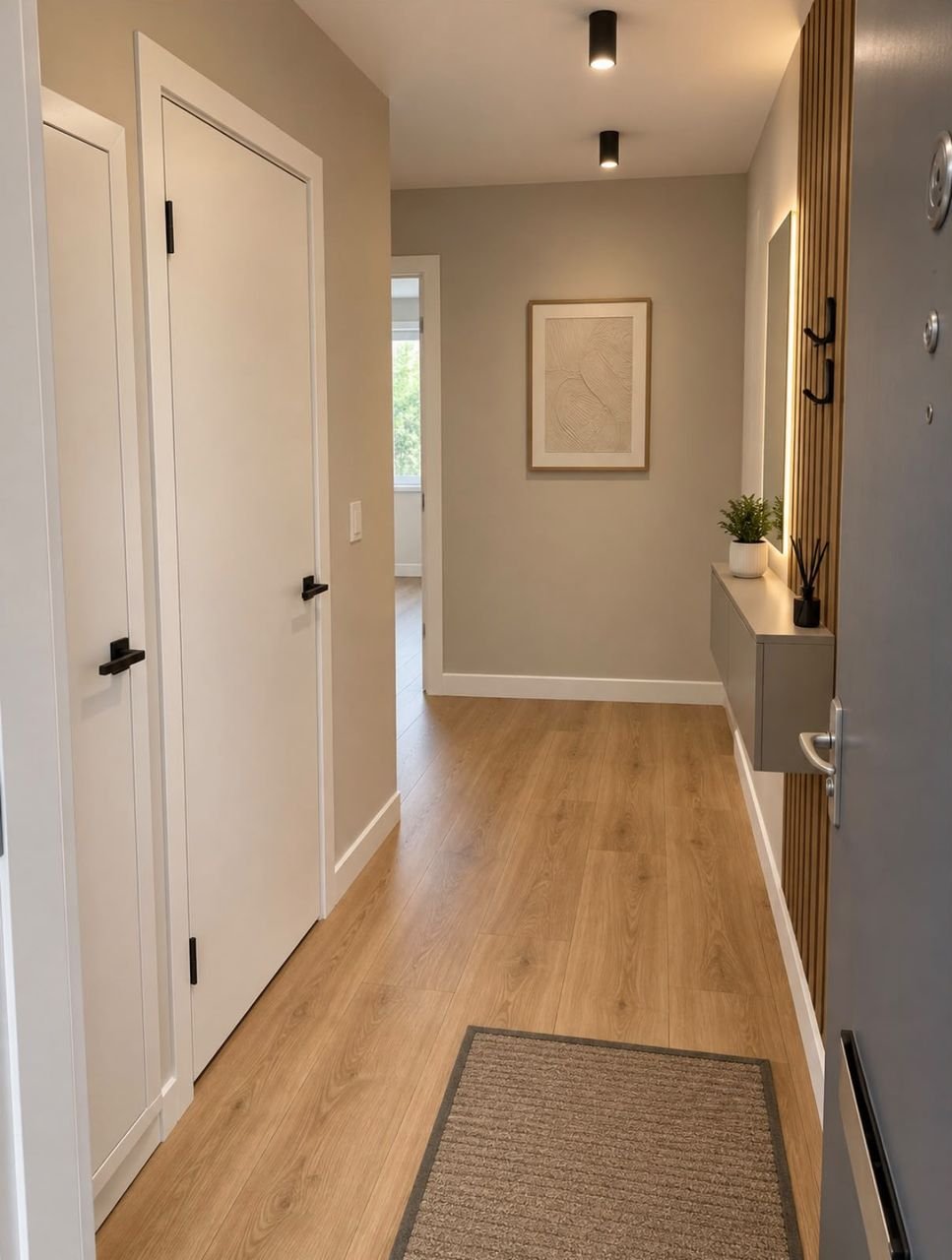 Hallway with wood-effect flooring, white doors with black handles and a slatted timber feature panel