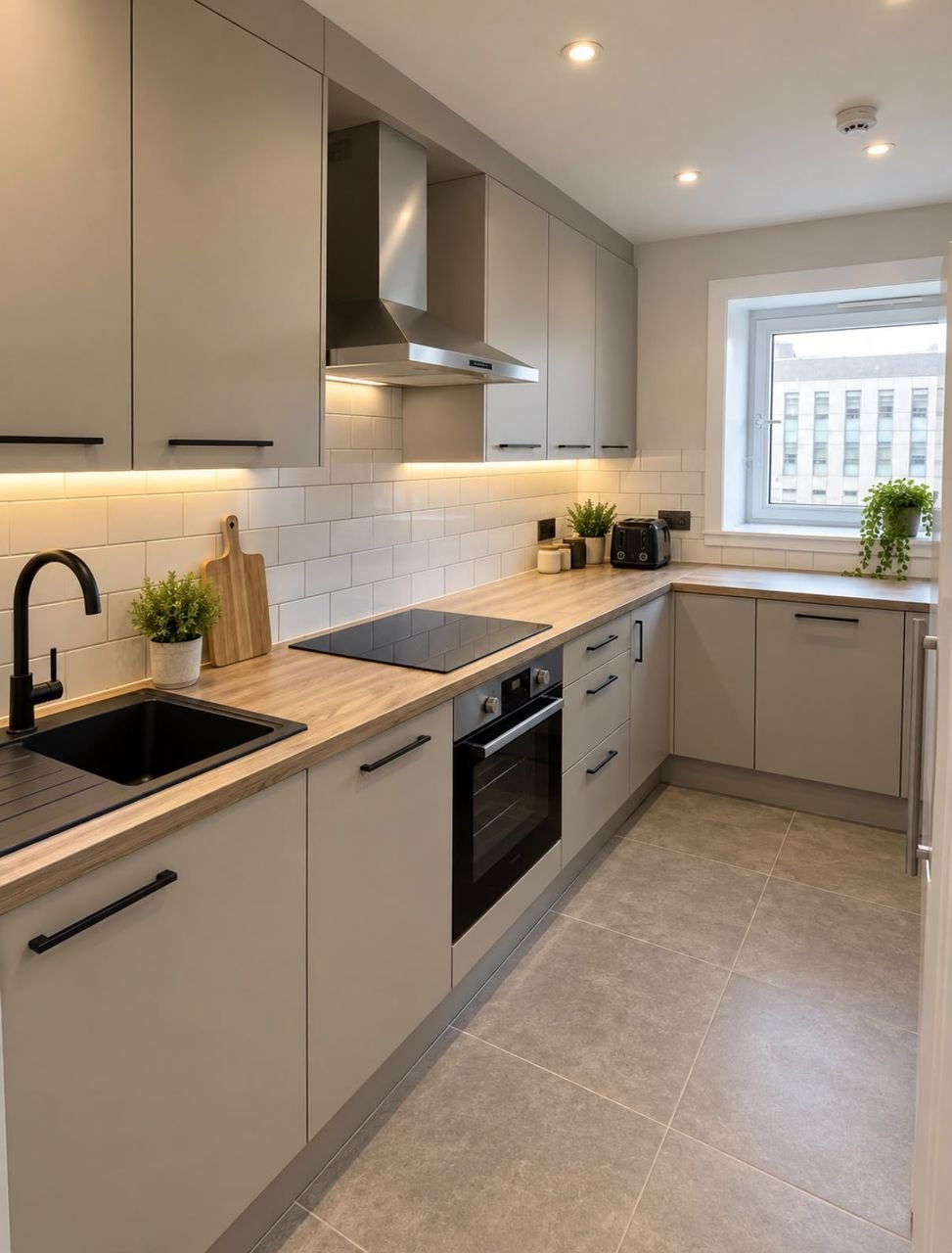 Refurbished kitchen with grey units, wood-effect worktops, a tiled splashback and a black sink