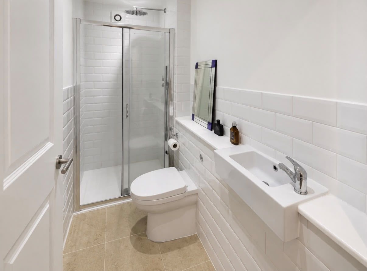 Shower room with white metro tiles, a glass shower enclosure, WC and compact basin