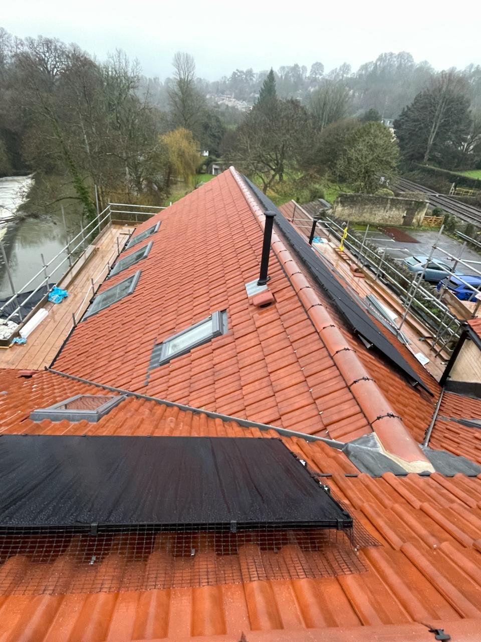 Clay tile roof with a solar panel and rooflights, surrounded by trees